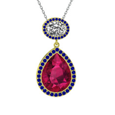 Rodolit garnet, beyaz zirkon ve lab safir 14 ayar altın kolye (40 cm gümüş rolo zincir)