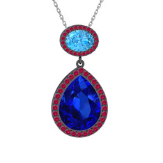 Lupine Kolye - Lab safir, akuamarin ve rodolit garnet 925 ayar siyah rodyum kaplama gümüş kolye (40 cm beyaz altın rolo zincir) #om31t6