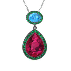 Lupine Kolye - Rodolit garnet, akuamarin ve yeşil kuvars 925 ayar siyah rodyum kaplama gümüş kolye (40 cm beyaz altın rolo zincir) #p01op