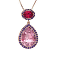 Pembe kuvars, rodolit garnet ve ametist 8 ayar rose altın kolye (40 cm rose altın rolo zincir)