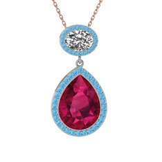Rodolit garnet, beyaz zirkon ve akuamarin 14 ayar beyaz altın kolye (40 cm gümüş rolo zincir)