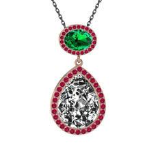 Beyaz zirkon, yeşil kuvars ve rodolit garnet 925 ayar rose altın kaplama gümüş kolye (40 cm gümüş rolo zincir)