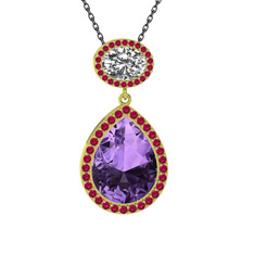 Ametist, beyaz zirkon ve rodolit garnet 925 ayar altın kaplama gümüş kolye (40 cm gümüş rolo zincir)