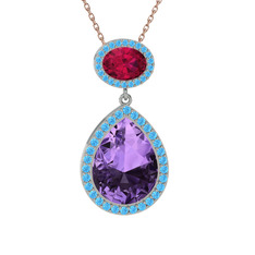 Ametist, rodolit garnet ve akuamarin 14 ayar beyaz altın kolye (40 cm rose altın rolo zincir)