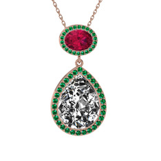 Beyaz zirkon, rodolit garnet ve yeşil kuvars 14 ayar rose altın kolye (40 cm rose altın rolo zincir)