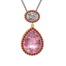 Pembe kuvars, beyaz zirkon ve rodolit garnet 925 ayar altın kaplama gümüş kolye (40 cm gümüş rolo zincir)