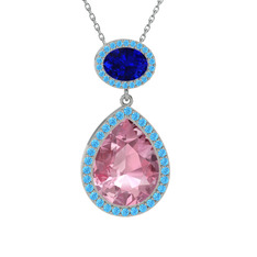 Pembe kuvars, lab safir ve akuamarin 925 ayar gümüş kolye (40 cm gümüş rolo zincir)