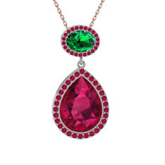 Lupine Kolye - Rodolit garnet ve yeşil kuvars 8 ayar beyaz altın kolye (40 cm rose altın rolo zincir) #pukmjv