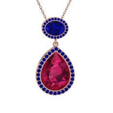 Rodolit garnet ve lab safir 14 ayar rose altın kolye (40 cm rose altın rolo zincir)