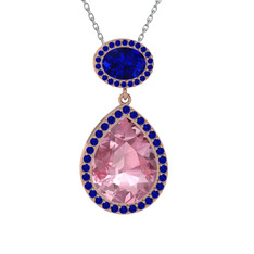 Pembe kuvars ve lab safir 8 ayar rose altın kolye (40 cm beyaz altın rolo zincir)