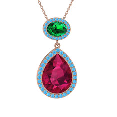 Lupine Kolye - Rodolit garnet, yeşil kuvars ve akuamarin 8 ayar rose altın kolye (40 cm gümüş rolo zincir) #q5ihy5