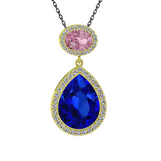 Lab safir, pembe kuvars ve beyaz zirkon 925 ayar altın kaplama gümüş kolye (40 cm gümüş rolo zincir)