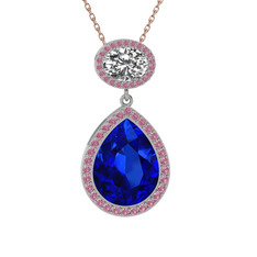 Lab safir, beyaz zirkon ve pembe kuvars 18 ayar beyaz altın kolye (40 cm rose altın rolo zincir)