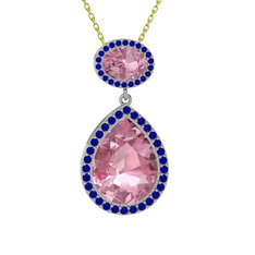 Pembe kuvars ve lab safir 8 ayar beyaz altın kolye (40 cm altın rolo zincir)