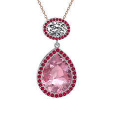 Pembe kuvars, beyaz zirkon ve rodolit garnet 925 ayar gümüş kolye (40 cm gümüş rolo zincir)