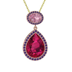 Lupine Kolye - Rodolit garnet, pembe kuvars ve ametist 18 ayar rose altın kolye (40 cm altın rolo zincir) #qqmosq