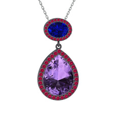 Lupine Kolye - Ametist, lab safir ve rodolit garnet 925 ayar siyah rodyum kaplama gümüş kolye (40 cm beyaz altın rolo zincir) #r4mjht