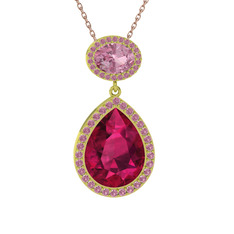 Rodolit garnet ve pembe kuvars 925 ayar altın kaplama gümüş kolye (40 cm rose altın rolo zincir)