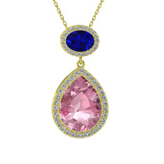 Pembe kuvars, lab safir ve beyaz zirkon 18 ayar altın kolye (40 cm altın rolo zincir)