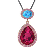 Rodolit garnet, akuamarin ve pembe kuvars 18 ayar rose altın kolye (40 cm gümüş rolo zincir)