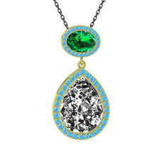 Beyaz zirkon, yeşil kuvars ve akuamarin 925 ayar altın kaplama gümüş kolye (40 cm gümüş rolo zincir)