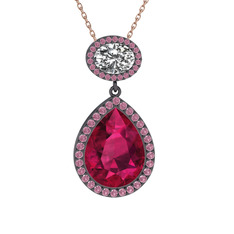 Lupine Kolye - Rodolit garnet, beyaz zirkon ve pembe kuvars 925 ayar siyah rodyum kaplama gümüş kolye (40 cm rose altın rolo zincir) #squkp3