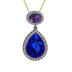 Lupine Kolye - Lab safir, ametist ve beyaz zirkon 925 ayar siyah rodyum kaplama gümüş kolye (40 cm gümüş rolo zincir) #szr88h