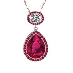 Rodolit garnet ve beyaz zirkon 925 ayar gümüş kolye (40 cm rose altın rolo zincir)