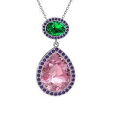 Lupine Kolye - Pembe kuvars, yeşil kuvars ve ametist 8 ayar beyaz altın kolye (40 cm beyaz altın rolo zincir) #t9wy77