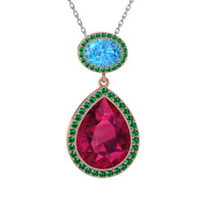Rodolit garnet, akuamarin ve yeşil kuvars 18 ayar rose altın kolye (40 cm gümüş rolo zincir)