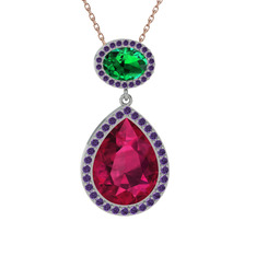 Lupine Kolye - Rodolit garnet, yeşil kuvars ve ametist 14 ayar beyaz altın kolye (40 cm rose altın rolo zincir) #tnu8or