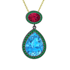 Lupine Kolye - Akuamarin, rodolit garnet ve yeşil kuvars 925 ayar siyah rodyum kaplama gümüş kolye (40 cm altın rolo zincir) #tznsf8