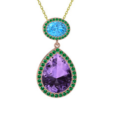 Lupine Kolye - Ametist, akuamarin ve yeşil kuvars 14 ayar rose altın kolye (40 cm altın rolo zincir) #u147af