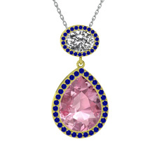 Lupine Kolye - Pembe kuvars, beyaz zirkon ve lab safir 14 ayar altın kolye (40 cm beyaz altın rolo zincir) #u8l4fl
