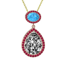Beyaz zirkon, akuamarin ve rodolit garnet 18 ayar rose altın kolye (40 cm altın rolo zincir)