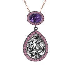 Beyaz zirkon, ametist ve pembe kuvars 925 ayar siyah rodyum kaplama gümüş kolye (40 cm rose altın rolo zincir)