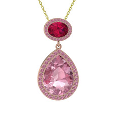 Pembe kuvars ve rodolit garnet 8 ayar rose altın kolye (40 cm altın rolo zincir)