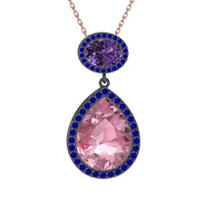 Pembe kuvars, ametist ve lab safir 925 ayar siyah rodyum kaplama gümüş kolye (40 cm rose altın rolo zincir)