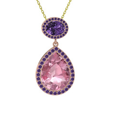 Lupine Kolye - Pembe kuvars ve ametist 925 ayar rose altın kaplama gümüş kolye (40 cm altın rolo zincir) #vl78mr