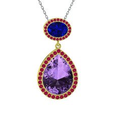Ametist, lab safir ve rodolit garnet 925 ayar altın kaplama gümüş kolye (40 cm gümüş rolo zincir)