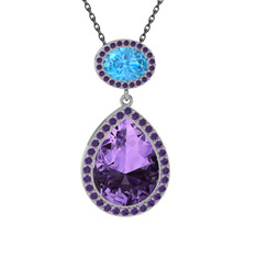 Lupine Kolye - Ametist ve akuamarin 8 ayar beyaz altın kolye (40 cm gümüş rolo zincir) #ww0kal