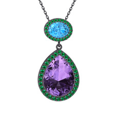 Lupine Kolye - Ametist, akuamarin ve yeşil kuvars 925 ayar siyah rodyum kaplama gümüş kolye (40 cm gümüş rolo zincir) #xh3odw