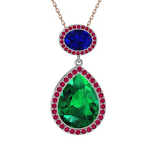 Yeşil kuvars, lab safir ve rodolit garnet 18 ayar beyaz altın kolye (40 cm rose altın rolo zincir)