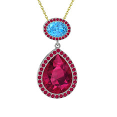 Rodolit garnet ve akuamarin 18 ayar beyaz altın kolye (40 cm altın rolo zincir)