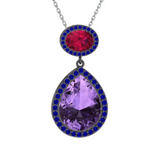 Lupine Kolye - Ametist, rodolit garnet ve lab safir 925 ayar siyah rodyum kaplama gümüş kolye (40 cm beyaz altın rolo zincir) #y6gx63
