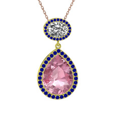Lupine Kolye - Pembe kuvars, beyaz zirkon ve lab safir 8 ayar altın kolye (40 cm rose altın rolo zincir) #y9w3aq