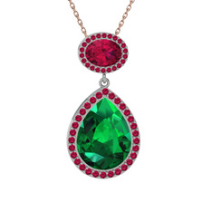 Yeşil kuvars ve rodolit garnet 14 ayar beyaz altın kolye (40 cm rose altın rolo zincir)