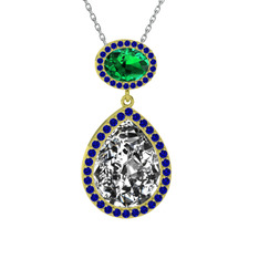 Beyaz zirkon, yeşil kuvars ve lab safir 14 ayar altın kolye (40 cm gümüş rolo zincir)