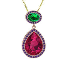 Rodolit garnet, yeşil kuvars ve ametist 18 ayar rose altın kolye (40 cm gümüş rolo zincir)