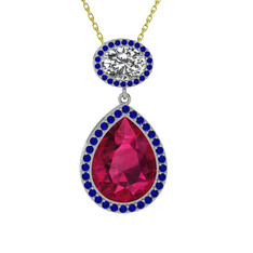Lupine Kolye - Rodolit garnet, beyaz zirkon ve lab safir 925 ayar gümüş kolye (40 cm gümüş rolo zincir) #ze4p4s